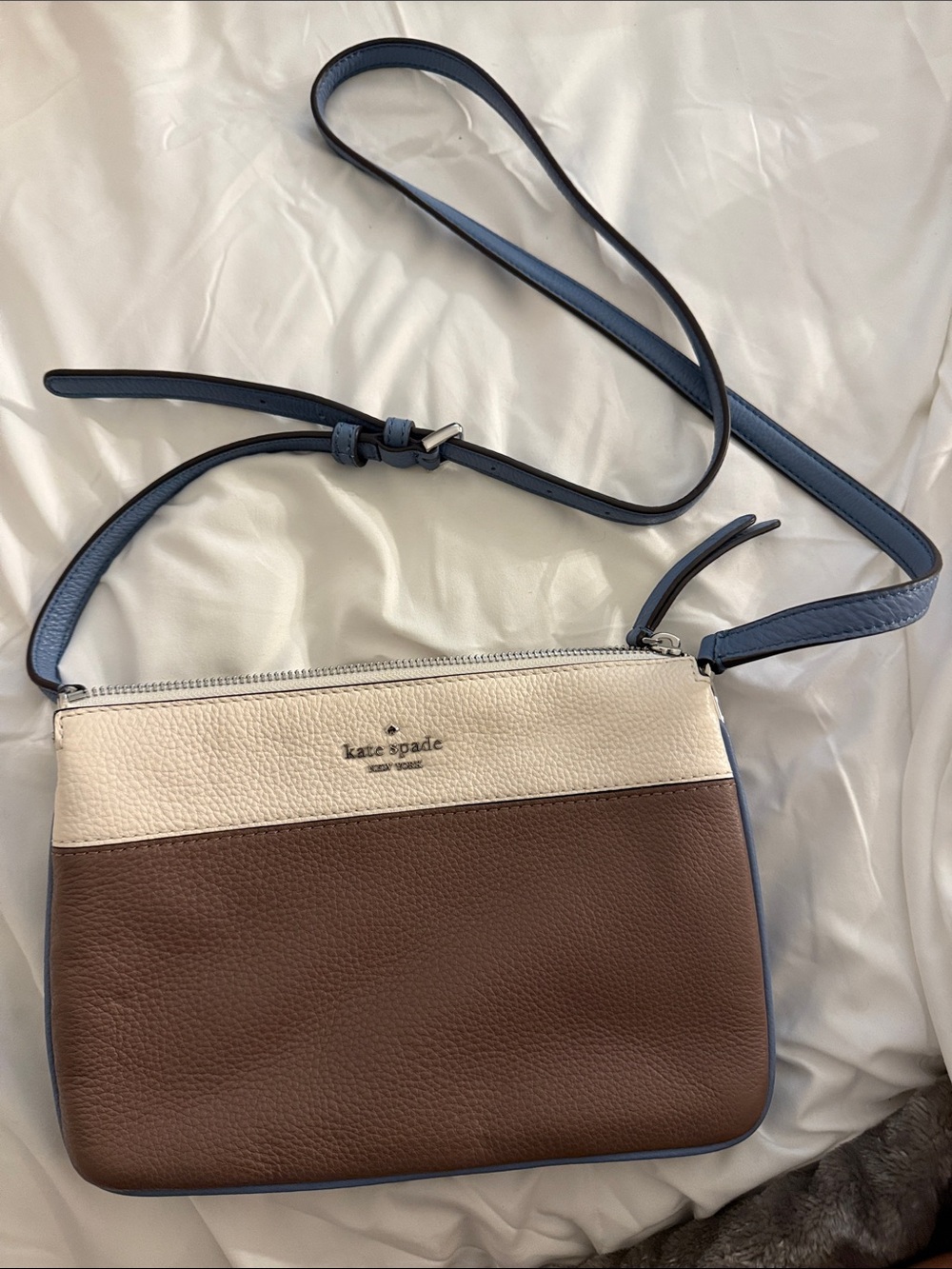 kate spade Two-Tone Leather Crossbody in Brown, Cream and Blue Strap